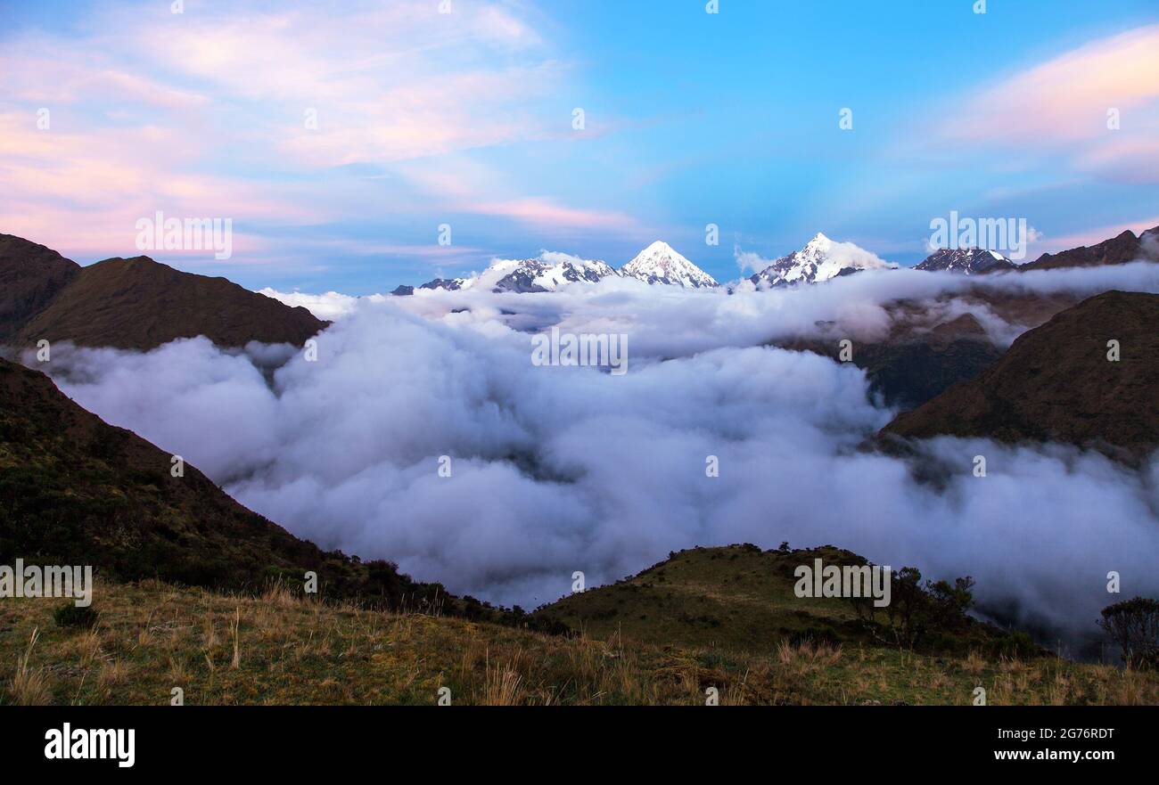 Evening view of Mount Salkantay and mount Tukarway, view from Choquequirao trekking trail, Cuzco area, Machu Picchu area, Peruvian Andes Stock Photo