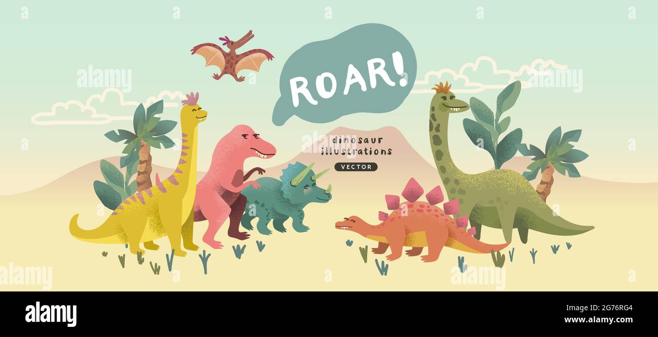 A cute collection of cheerful prehistoric dinosaur characters. Vector illustration. Stock Vector