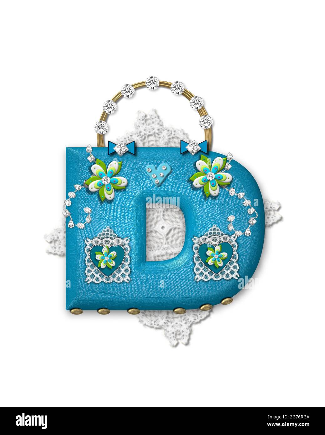The letter D, in the alphabet set 'Bling Bag,' depicts aqua letter as a blinged out purse with gold handle.  Letter has lace, diamonds and flowers.  B Stock Photo