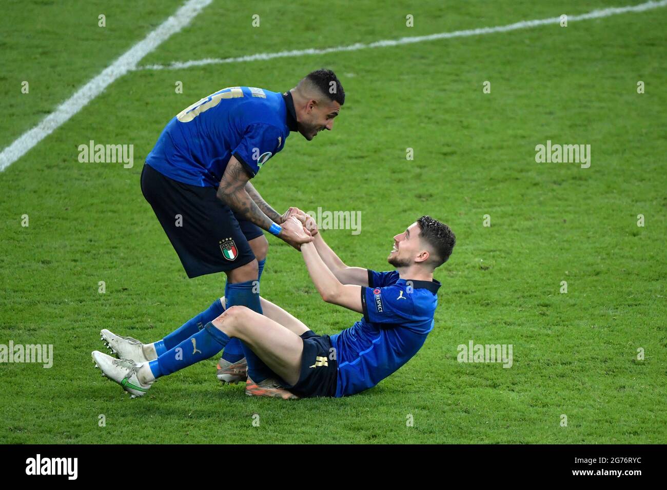 London, UK. 11th July, 2021. Emerson Palmieri Dos Santos of Italy and Jorge Luiz Frello Filho Jorginho of Italy celebrate for victory during the Uefa Euro 2020 Final football match between Italy and England at Wembley stadium in London (England), July 11th, 2021. Photo Andrea Staccioli/Insidefoto Credit: insidefoto srl/Alamy Live News Stock Photo