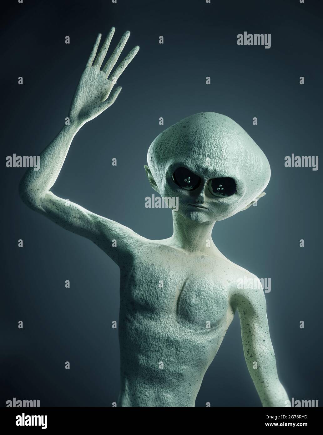 Portrait of a humanoid alien life form character waving. 3D illustration Stock Photo