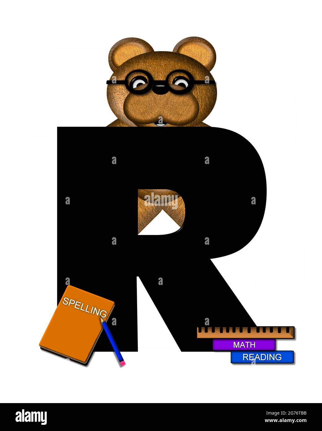 The Letter R In The Alphabet Set Teddy Learning Is Black Teddy Bear Decorates Letter And He Is Wearing Glasses Books And Pencils Surround Him Stock Photo Alamy