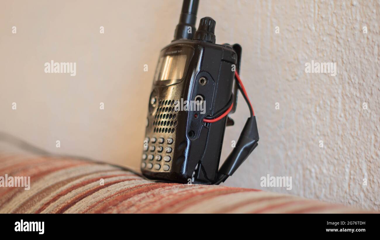 Walkie-talkie isolated, black police radio Stock Photo
