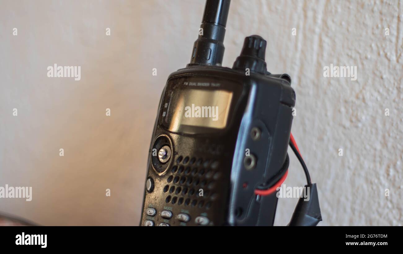 Walkie-talkie isolated, black police radio Stock Photo