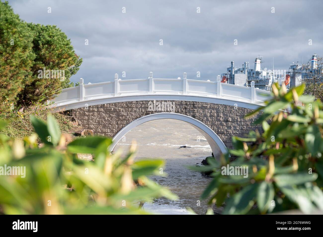 Arched concrete bridge over the sea water at Tacoma, Washington Stock Photo
