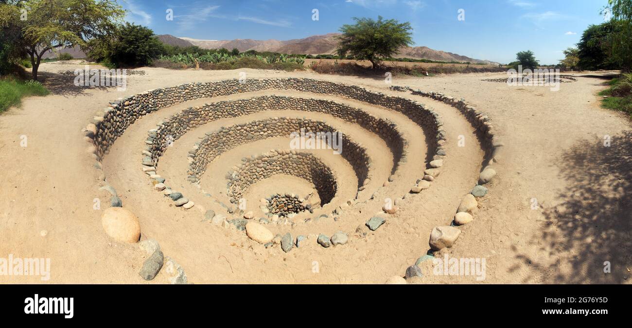 Cantalloc Aqueduct in Nazca, spiral  or circle aqueducts or wells, Peru Stock Photo