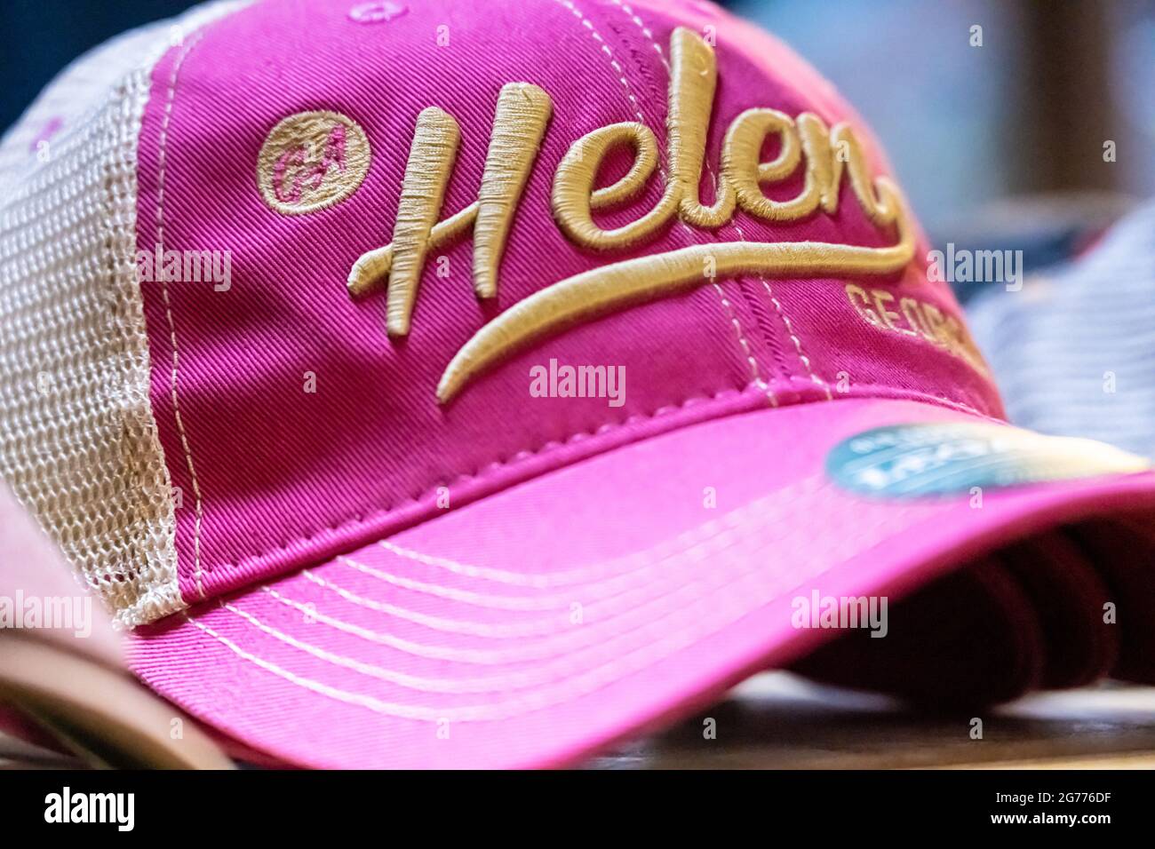 Embroidered Helen, Georgia, souvenir cap at Betty's Country Store in downtown Helen, a tourist town in the North Georgia Mountains. (USA) Stock Photo