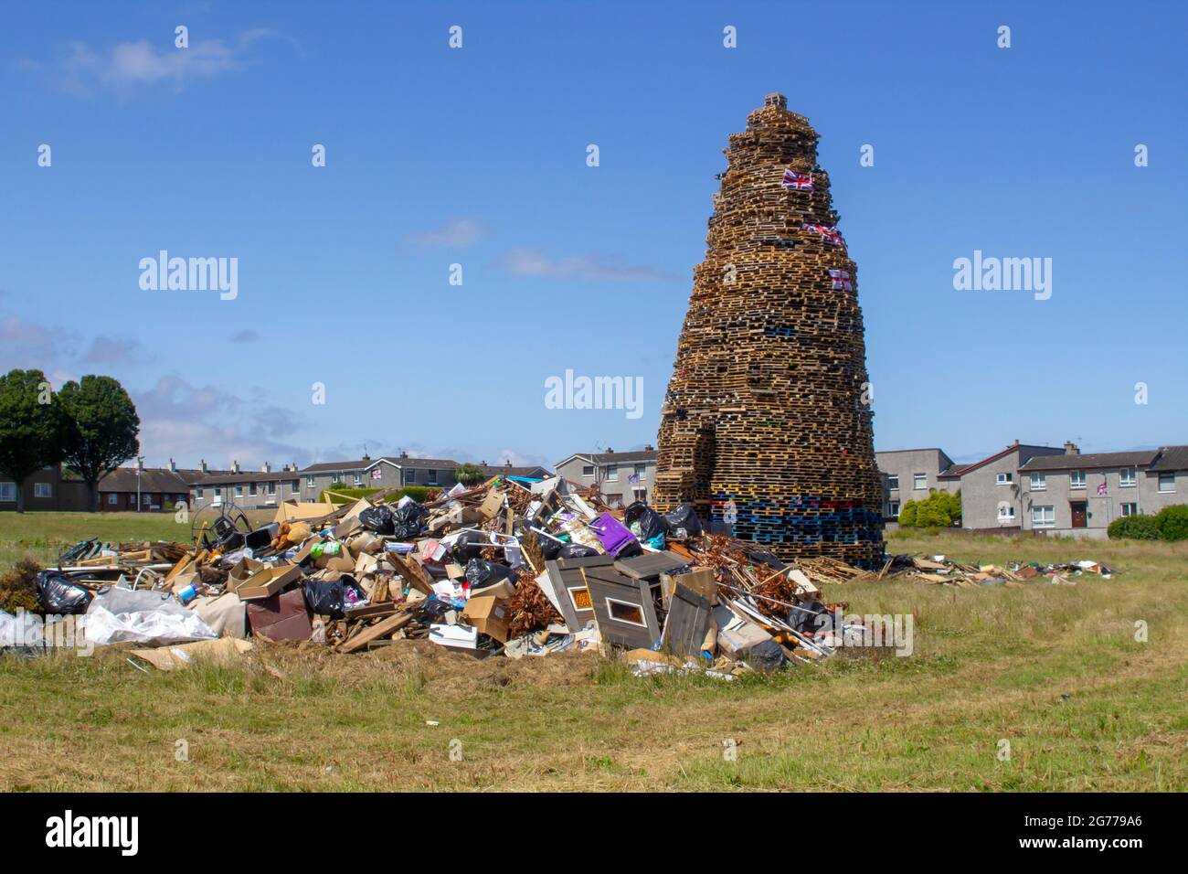 9 July 2021 The site of the Protestant Kilcooley Estate bonfire which is being built for burning on the night of the 11th July. This annual event cele Stock Photo