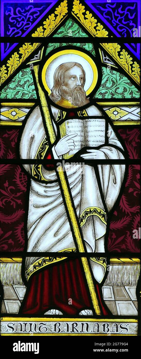 St. Barnabas, stained glass window, by Joseph Grant of Costessey, 1856, Wighton, Norfolk, England, UK Stock Photo