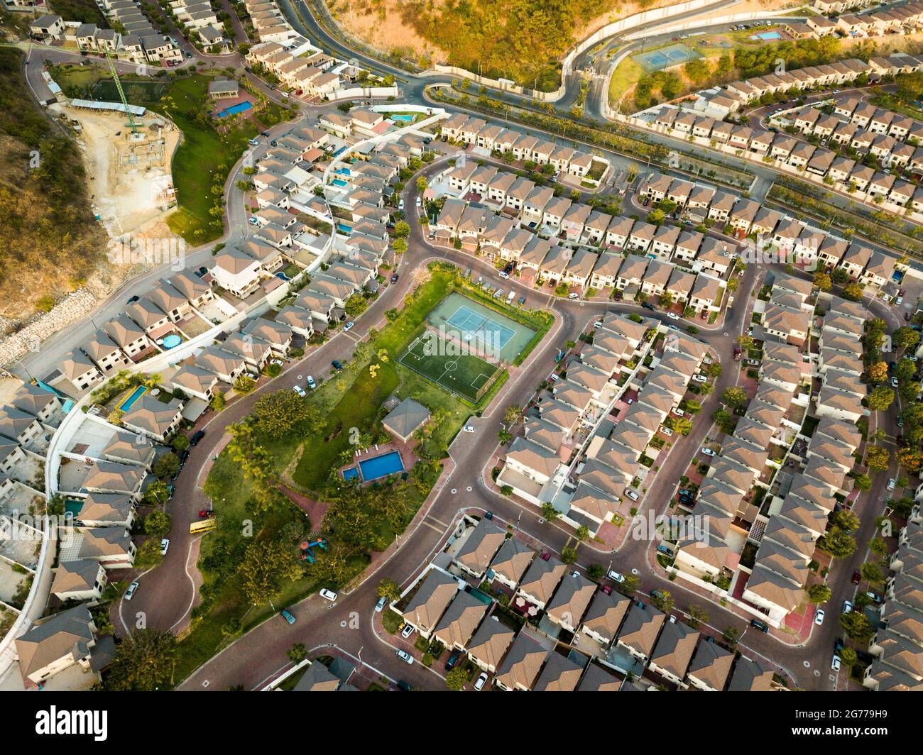 An aerial view of houses of a gated community un Guayaquil, Ecuador
