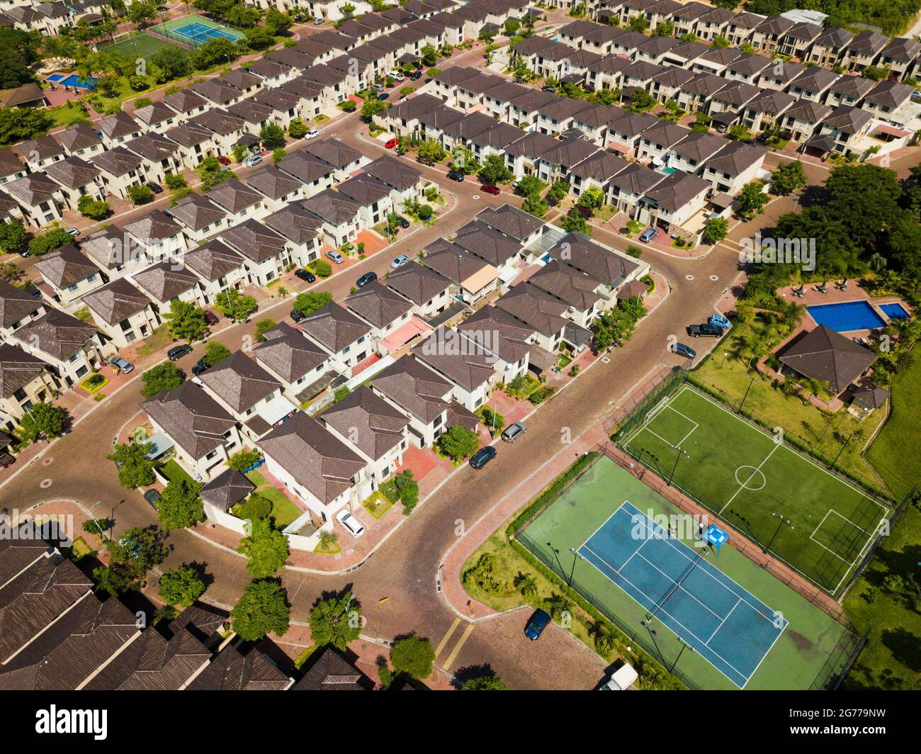 An aerial view of houses of a gated community un Guayaquil, Ecuador