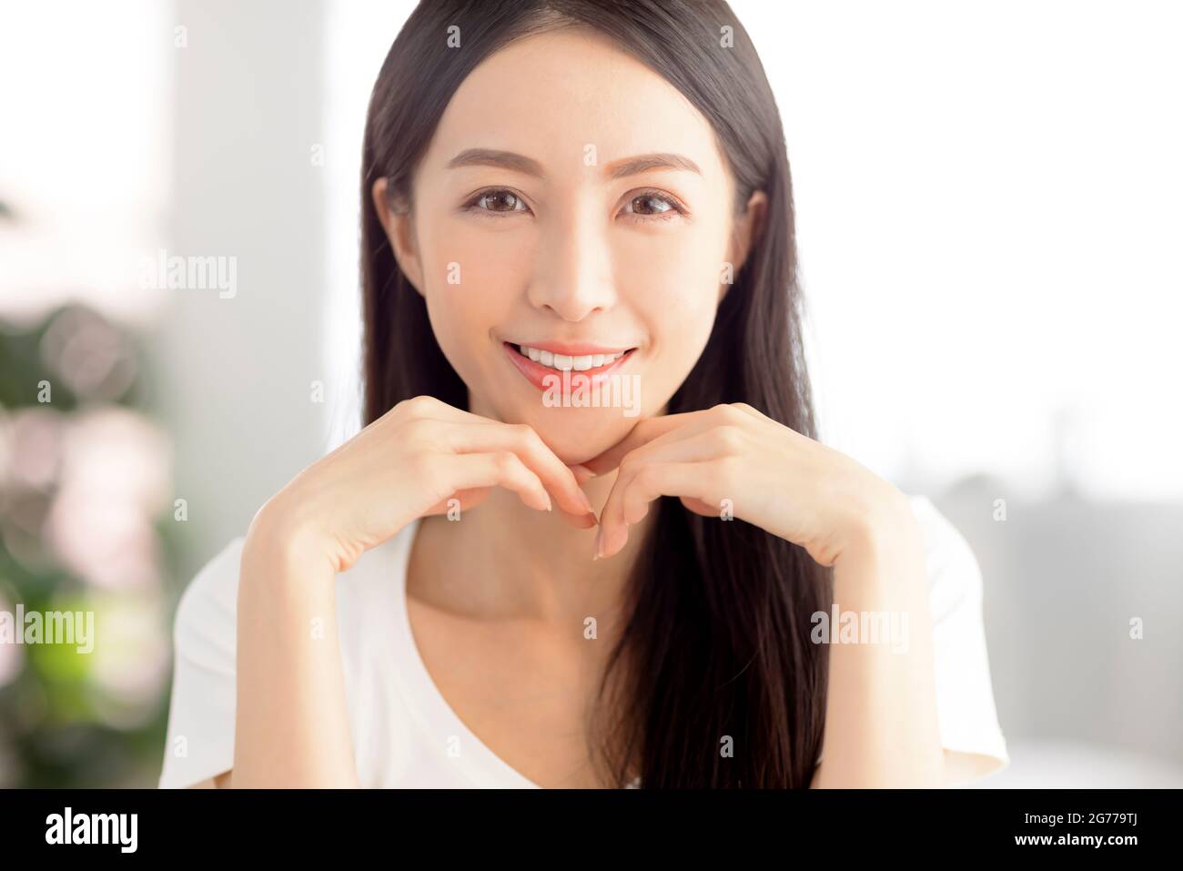 closeup  young asian woman face with clean  healthy skin Stock Photo