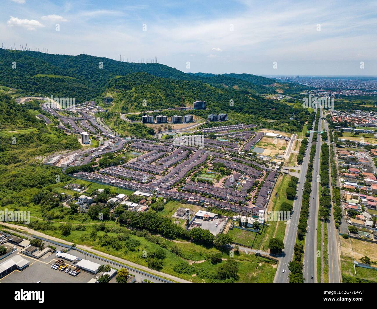 Aerial drone view of gated communities outside Guayaquil City, Ecuador