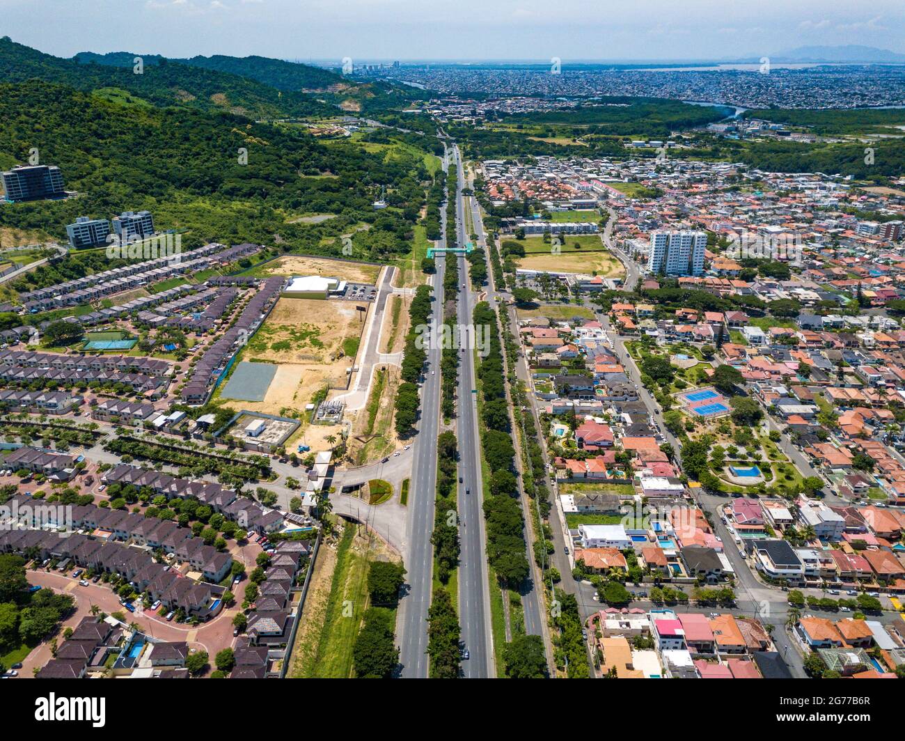 Aerial drone view of gated communities outside Guayaquil City, Ecuador