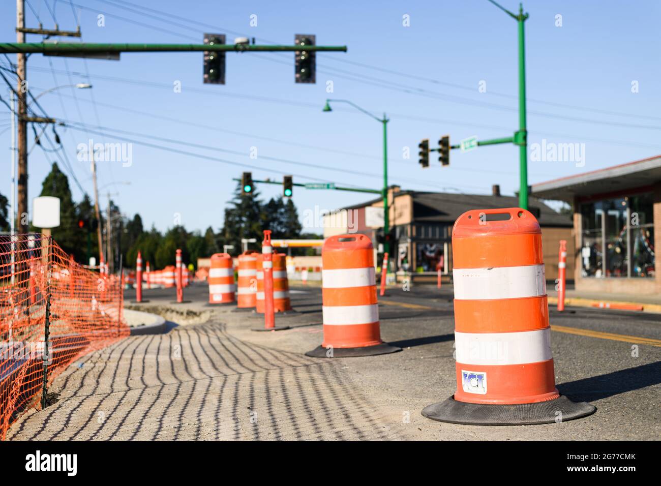 Carnation, WA, USA July 11, 2021; Construction barrels and orange