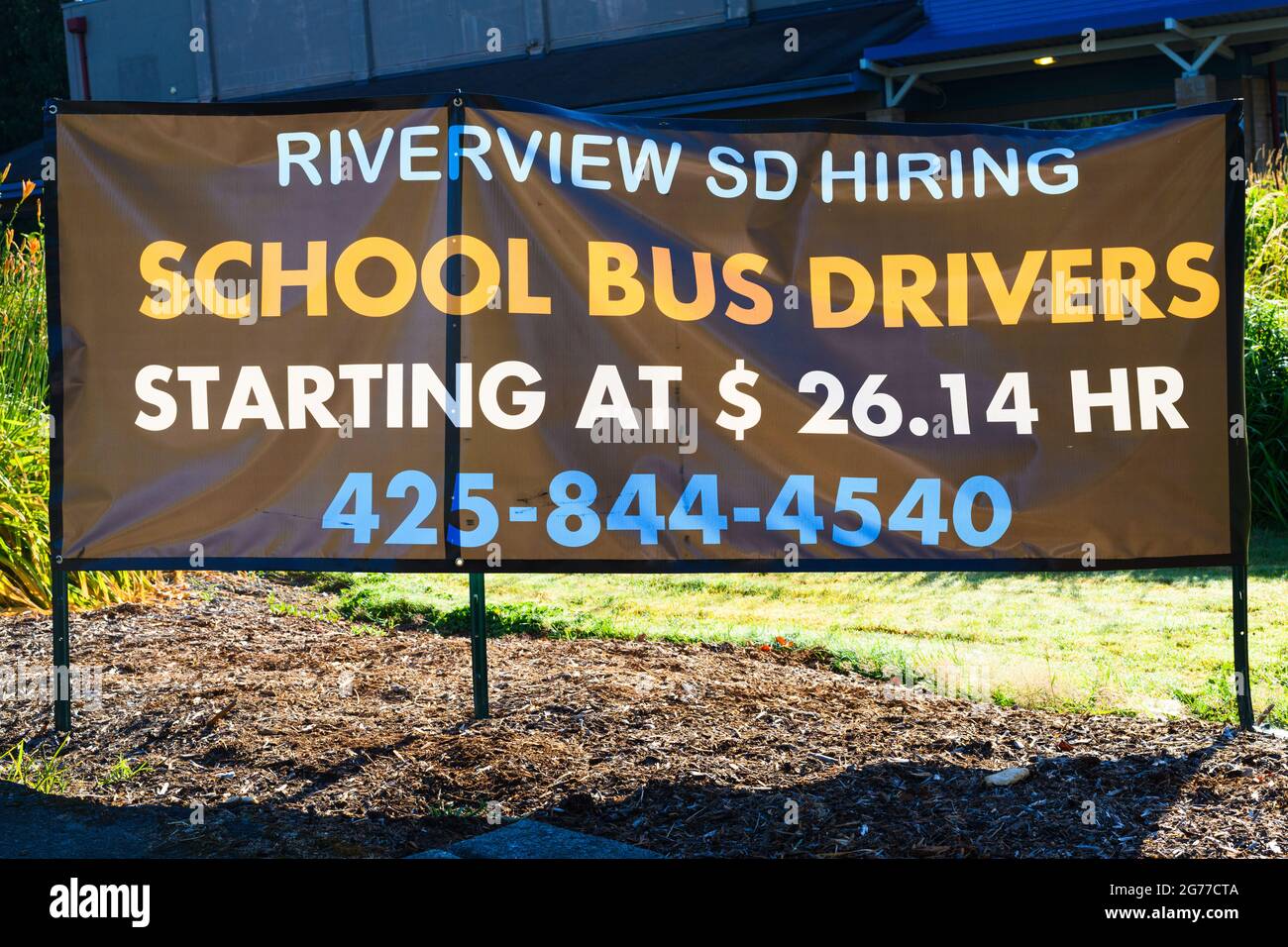 Carnation, WA, USA - July 11, 2021; Post Covid-19 the Riverview School District near Seattle is offering above minimum wage for school bus drivers Stock Photo