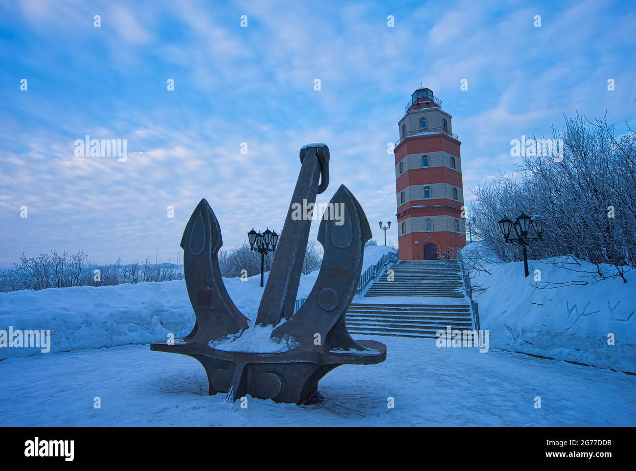 The Monument to the Nuclear Submarine of the Kursk. Murmansk, Russia. Memorial to the brave soldiers who died in the disaster. Snow and anchors. Mar 2 Stock Photo