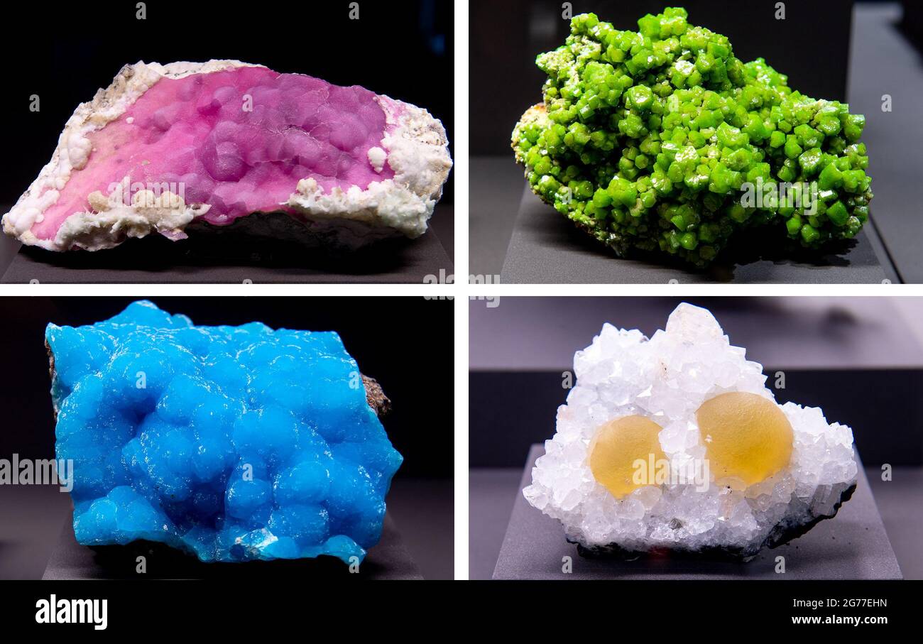 07 July 2021, Saxony, Freiberg: PICTURE COMBO - These four crystal specimens, (top from left) smithsonite from China, pyromorphite from China and (bottom from left) hemimorphite from China, fluorite, quartz, calcite, from India shine intensely in color in the mineral collection 'Terra Mineralia' of the TU Bergakademie in Freiberg. After an eight-month closure due to corona, the exhibition in Freudenstein Castle reopens to visitors on July 15. The exhibition shows about 3500 crystals, minerals, gemstones and meteorites from five continents. With the start of the summer holidays in Saxony, the m Stock Photo