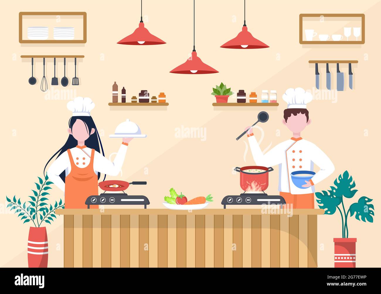 Chef Is Cooking In The Kitchen With Tray, ingredients or Different Meals. Interior Furniture And Utensils Background Landing Page Illustration Stock Vector