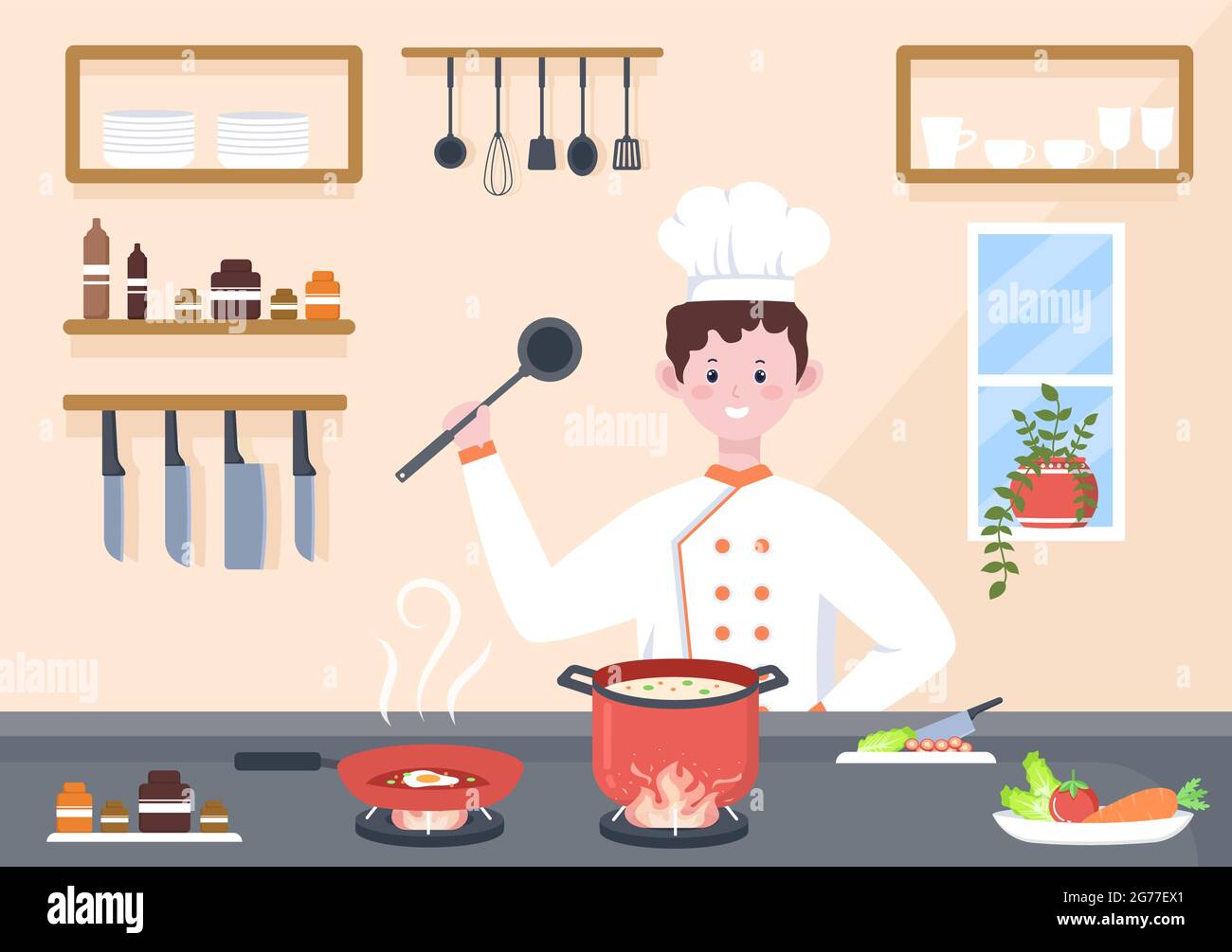 Chef Is Cooking In The Kitchen With Tray, ingredients or Different Meals. Interior Furniture And Utensils Background Landing Page Illustration Stock Vector