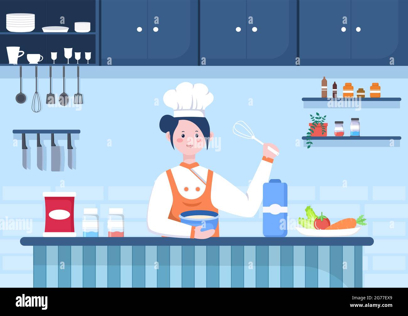 Chef Is Cooking In The Kitchen With Tray, ingredients or Different Meals. Interior Furniture And Utensils Background Landing Page Illustration Stock Vector