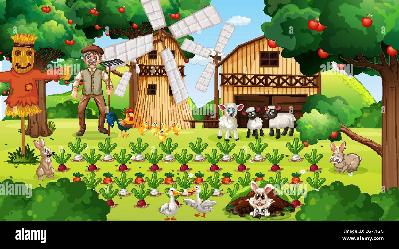 Farm scene at daytime with old farmer man and cute animals illustration ...