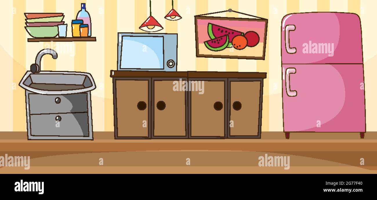 Empty kitchen room scene with kitchen elements illustration Stock ...