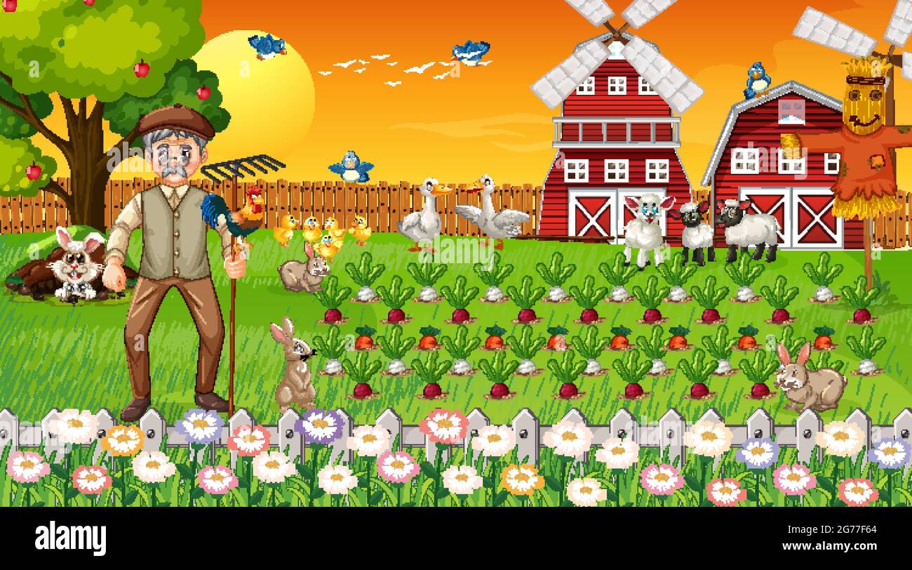 Farm scene at sunset with old farmer man and cute animals illustration ...