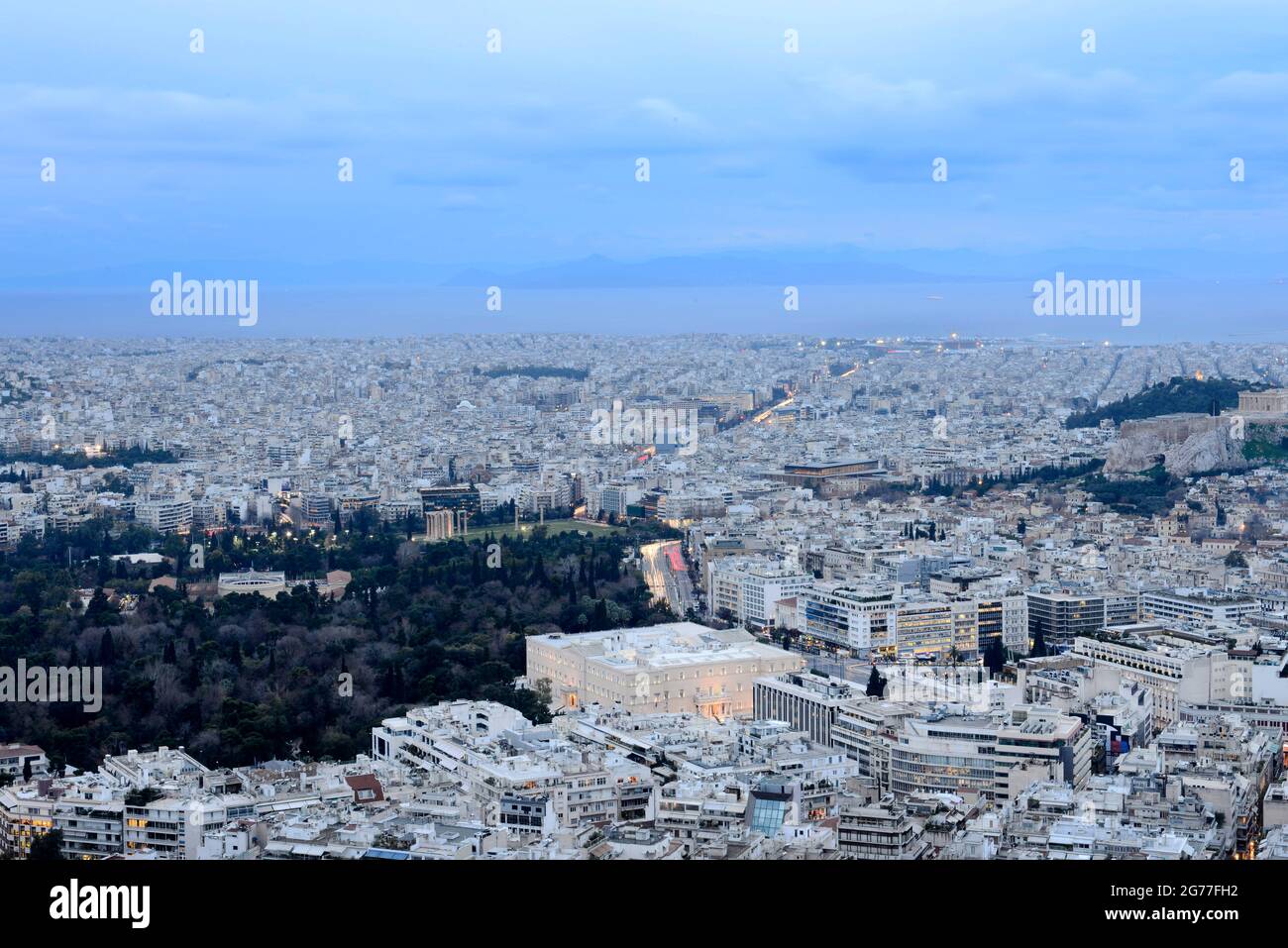 City views of Athens as seen from the top of the Lycabettus hill. Stock Photo