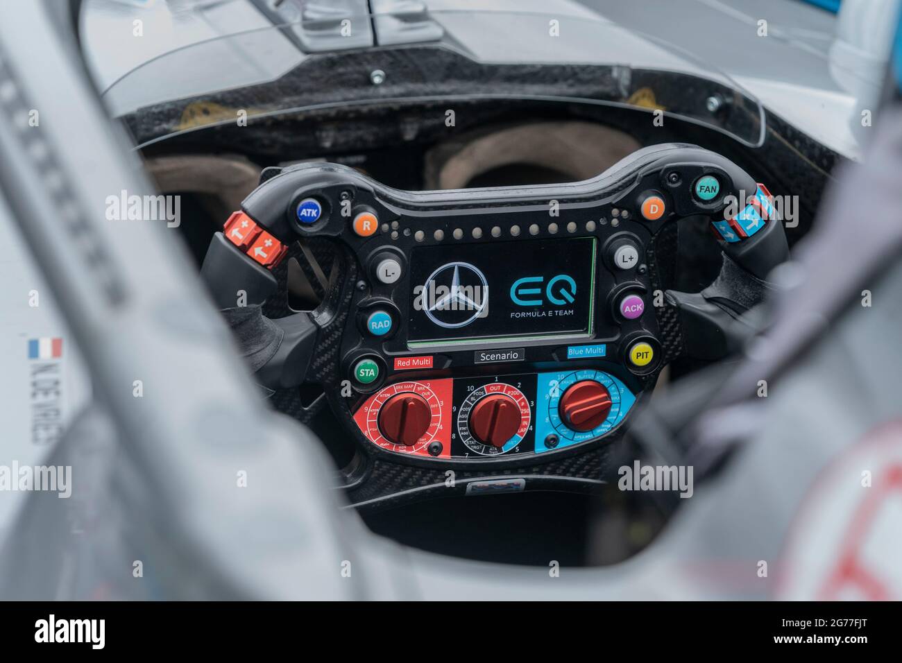 New York, NY - July 11, 2021: Control dashboard of racing car by Mercedes-EQ seen during press access on 2nd day of ABB Formula E World Championship New York City E-Prix at Red Hook Stock Photo