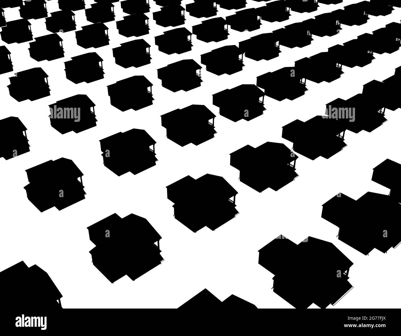 Background with silhouettes of private houses standing in a row isolated on white background. Isometric view. Vector illustration. Stock Vector