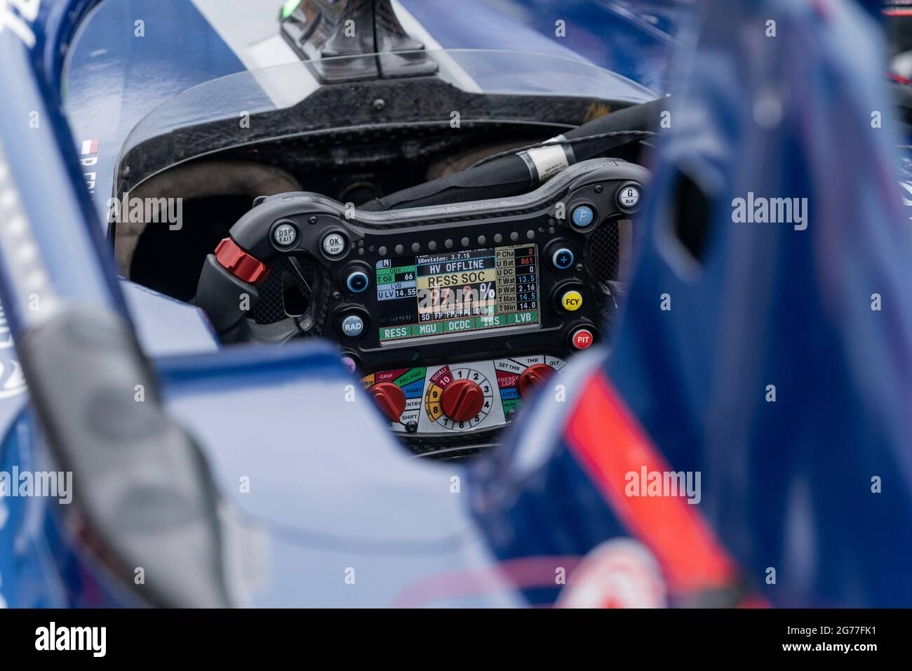 New York, NY - July 11, 2021: Control dashboard of racing car by Envision Virgin Racing seen during press access on 2nd day of ABB Formula E World Championship New York City E-Prix at Red Hook Stock Photo