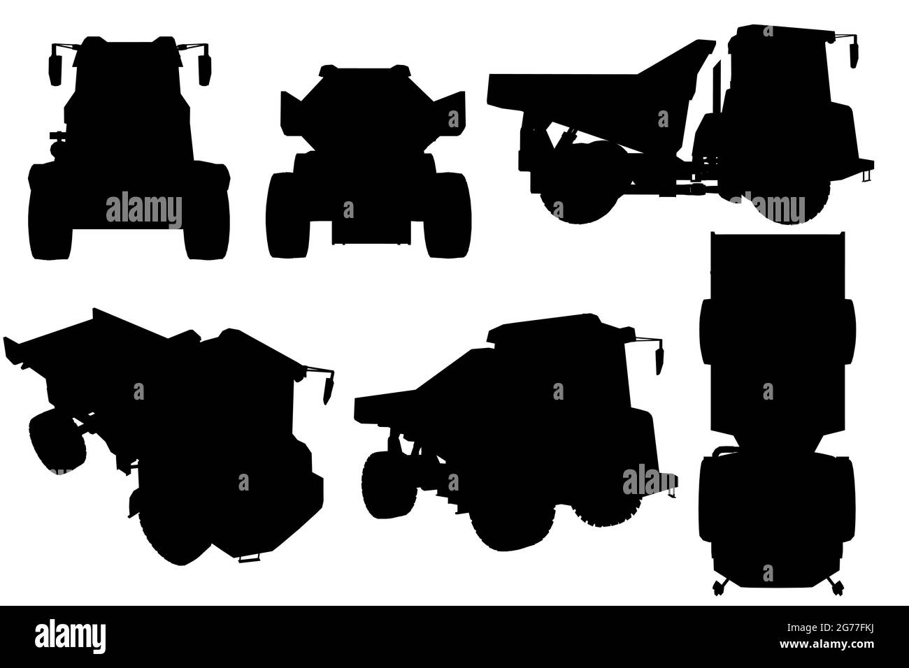 Set with silhouettes of dump truck in different positions isolated on white background. Vector illustration. Stock Vector