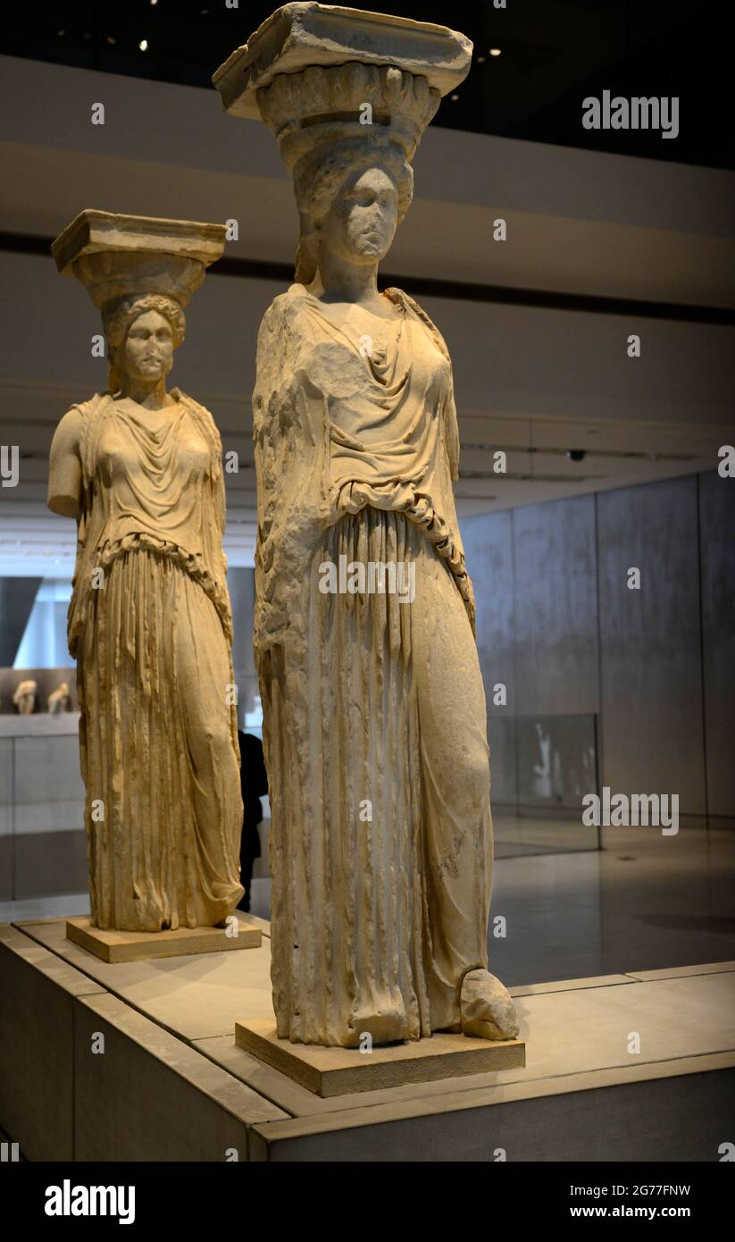 Ancient Greek sculptures displayed at the Acropolis museum in Athens, Greece. Stock Photo