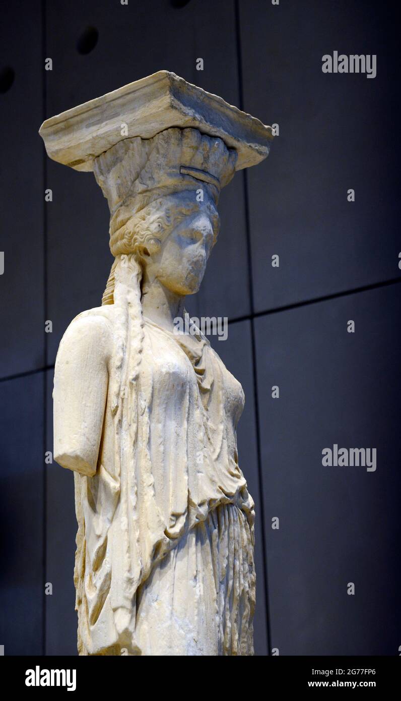 Ancient Greek sculptures displayed at the Acropolis museum in Athens, Greece. Stock Photo