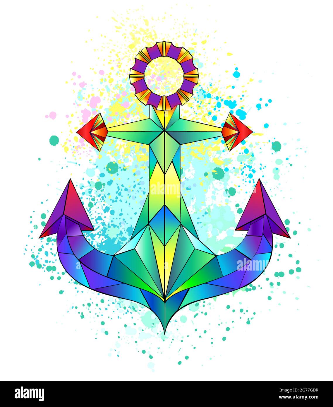 Artistically drawn iridescent, bright, polygonal anchor with bright splashes of paint on white background. Stock Vector