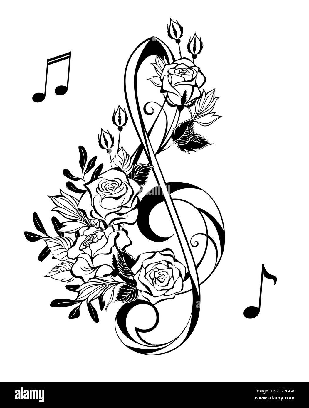 Black contour key with artistic, outline roses with black leaves on white background. Tattoo style. Treble clef. Stock Vector