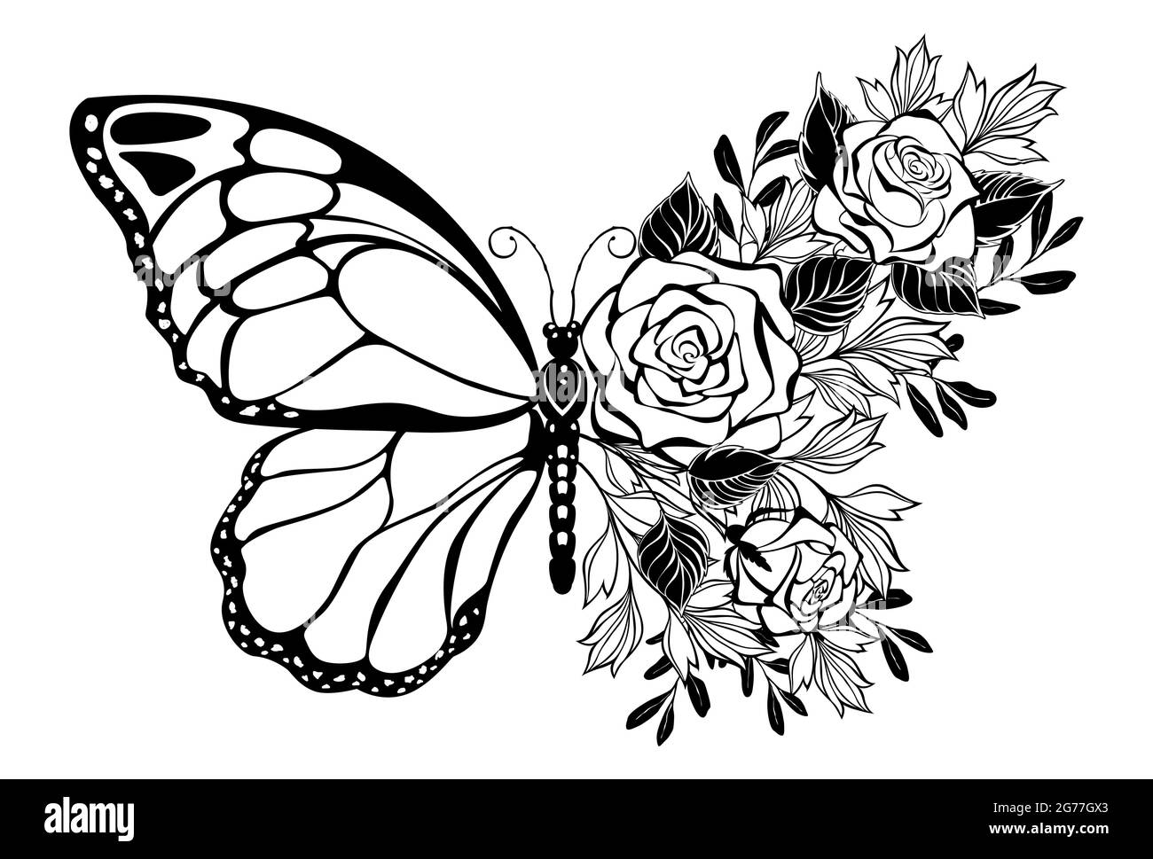 Composition of contour butterfly and bouquet of silhouette roses and ornamental plants on white background. Stock Vector