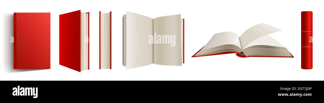 Book With Red Spine And Cover 3D Mockup, Blank Closed And Open Volume With  Hardcover And
