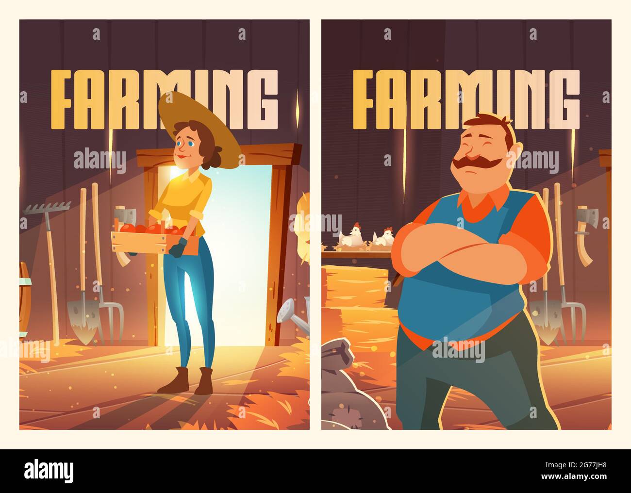Farming posters with man and woman in barn with chickens, straw and garden tools. Vector flyers with cartoon illustration of farmers in countryside wooden shed with hens, harvest and hay stacks Stock Vector