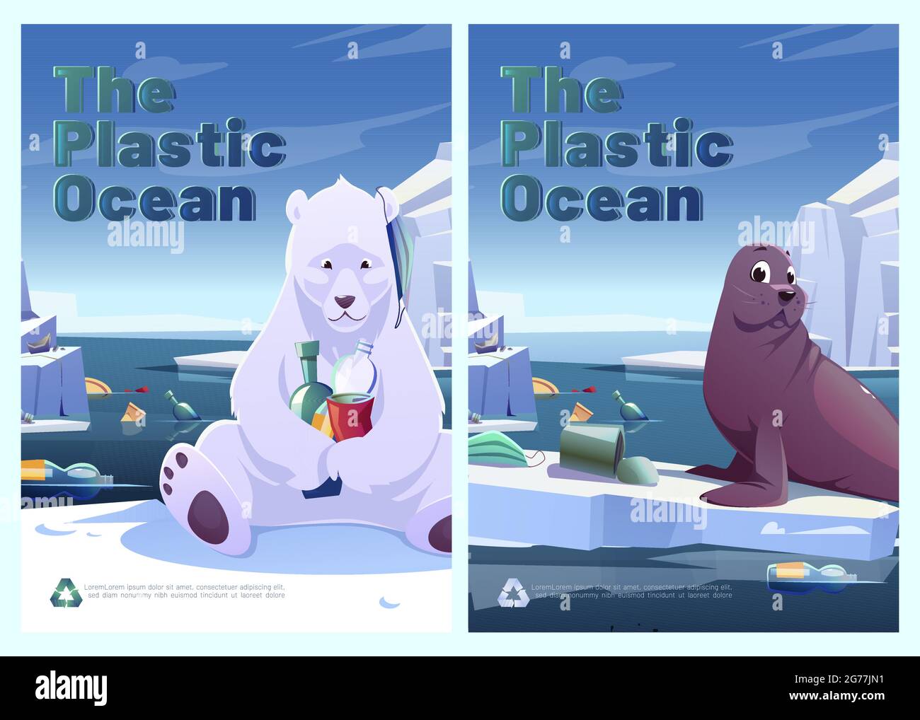 Plastic ocean posters with polar bear and seal on glacier and garbage floating in sea. Vector flyers of ocean pollution with cartoon illustration of wild arctic animals, waste and trash Stock Vector