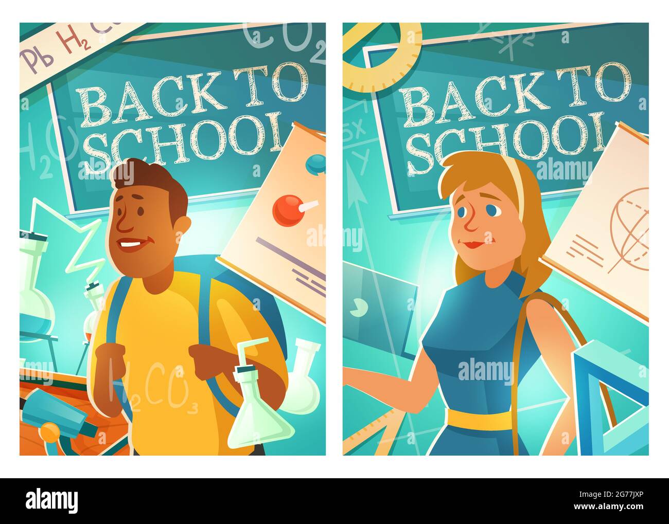 Back to school cartoon posters with girl and boy students wearing schoolbags stand in classroom with blackboard, chemistry and mathematics studying equipment. Education, knowledge vector illustration Stock Vector