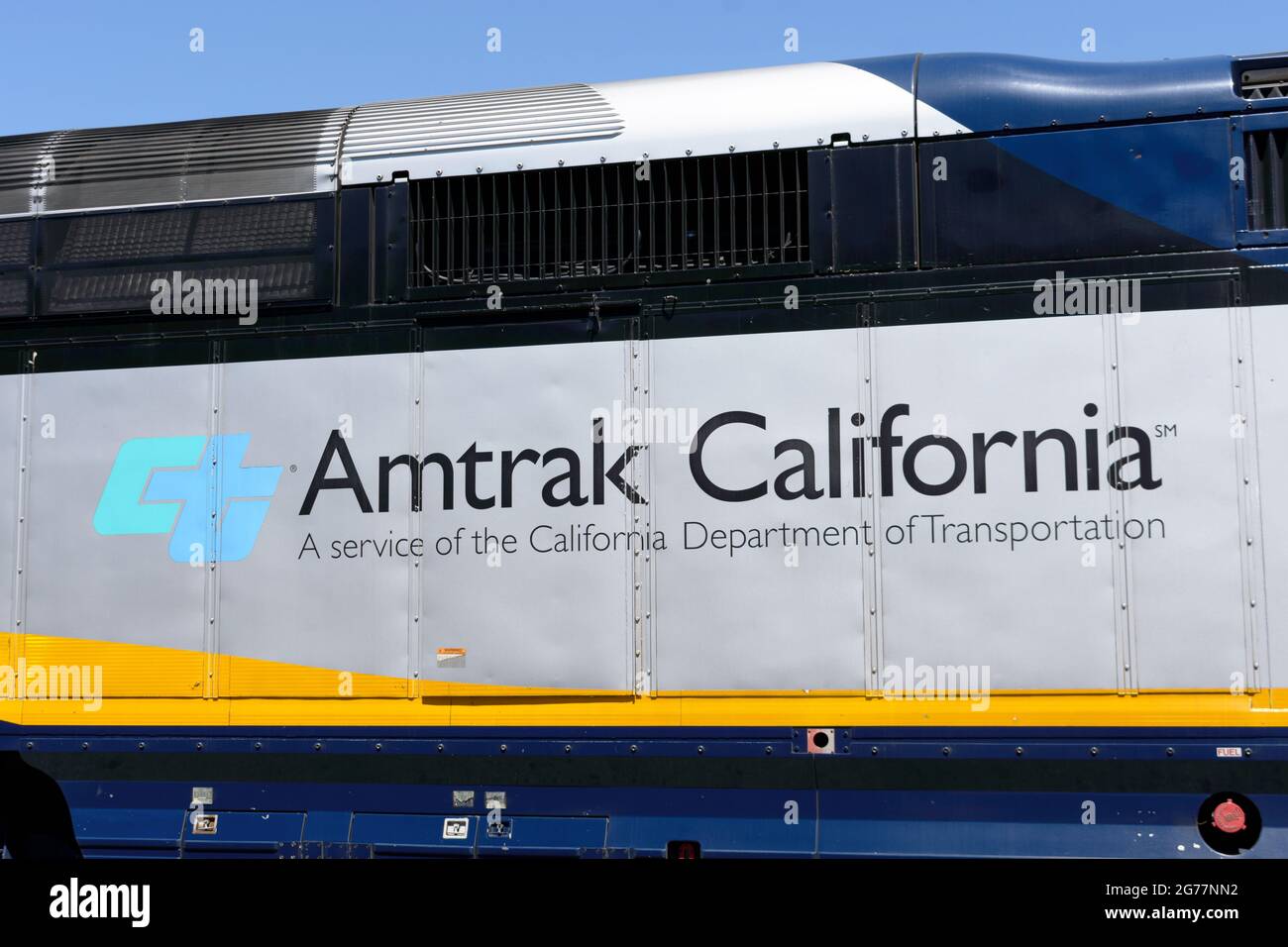 Amtrak California a service of the California Department of Transportation sign on diesel passenger locomotive. - San Jose, California, USA - 2021 Stock Photo
