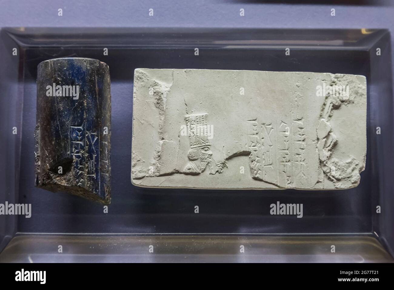 Cylindrical stone seal, Cylinder seal, Lapis Lazuli, Kasite, Persepolis, National Museum of Iran, Tehran, Iran, Persia, Western Asia, Asia Stock Photo