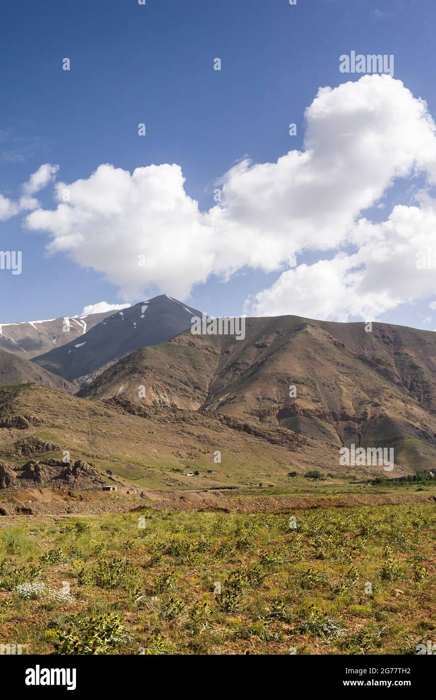 Landscape of Alborz mountains and fields, national road 79, to Sari from Tehran, suburb of Tehran, Tehran province, Iran, Persia, Western Asia, Asia Stock Photo