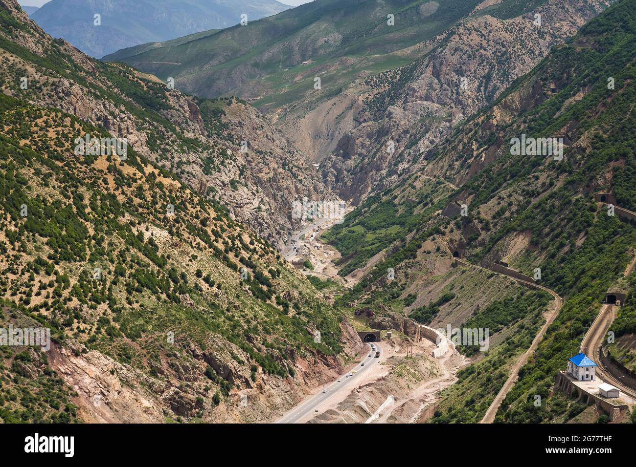 Alborz(Elburz) moutains and valley, National road 79, to Sari from Tehran, Dowgal Train Station, Mazandaran Province, Iran, Persia, Western Asia, Asia Stock Photo