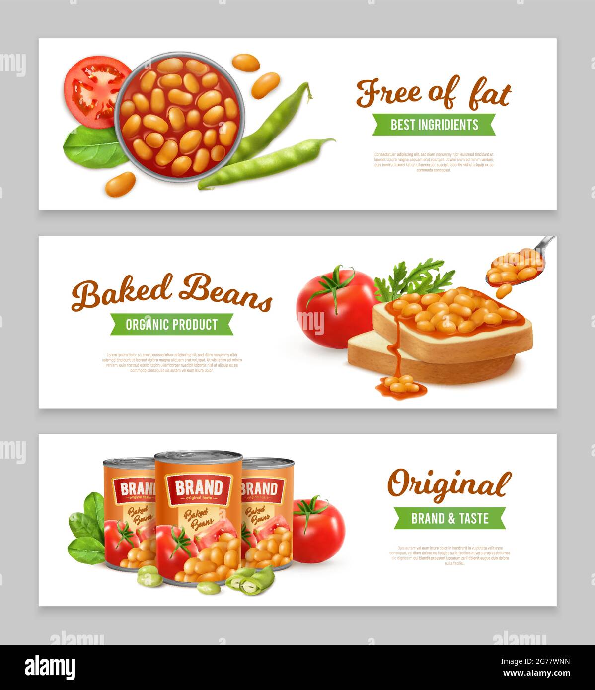 Horizontal banners set with organic tinned baked beans realistic isolated vector illustration Stock Vector