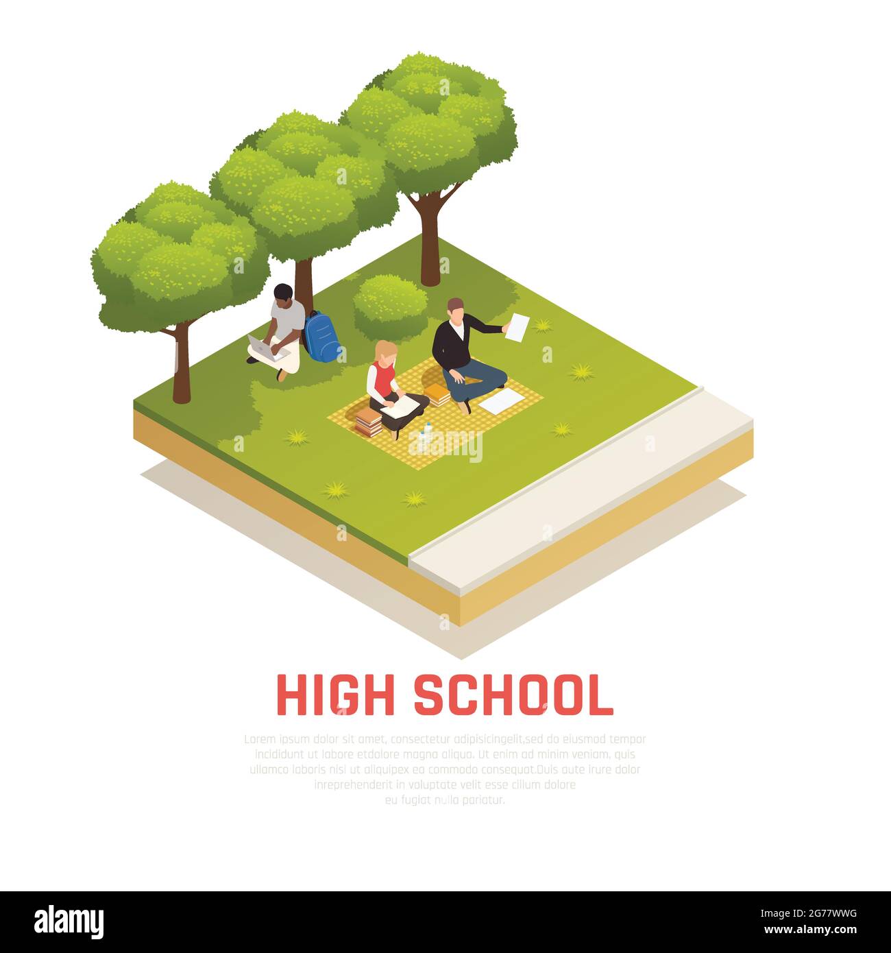 Isometric composition with high school students sitting on lawn reading ...