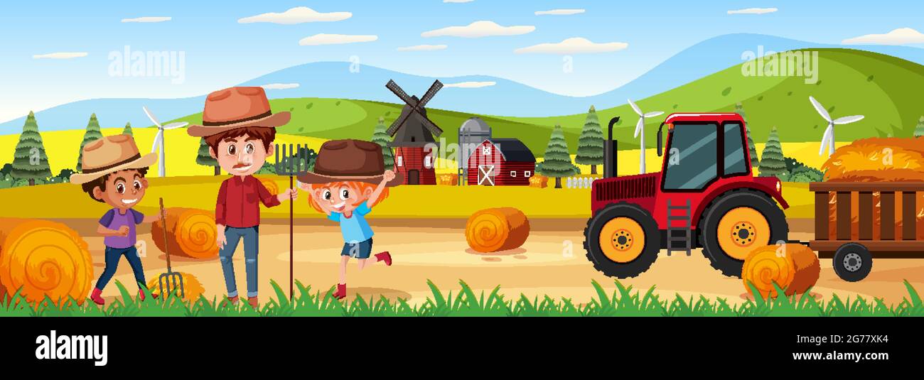 Farm horizontal landscape scene with farmer kids illustration Stock ...