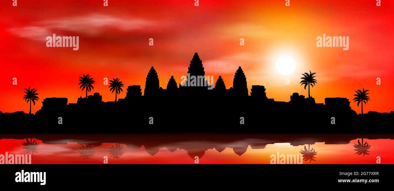 The very ancient city of Angkor Wat at sunset. Buddhist temple complex. Historical landmark. Cambodia. Stock Vector